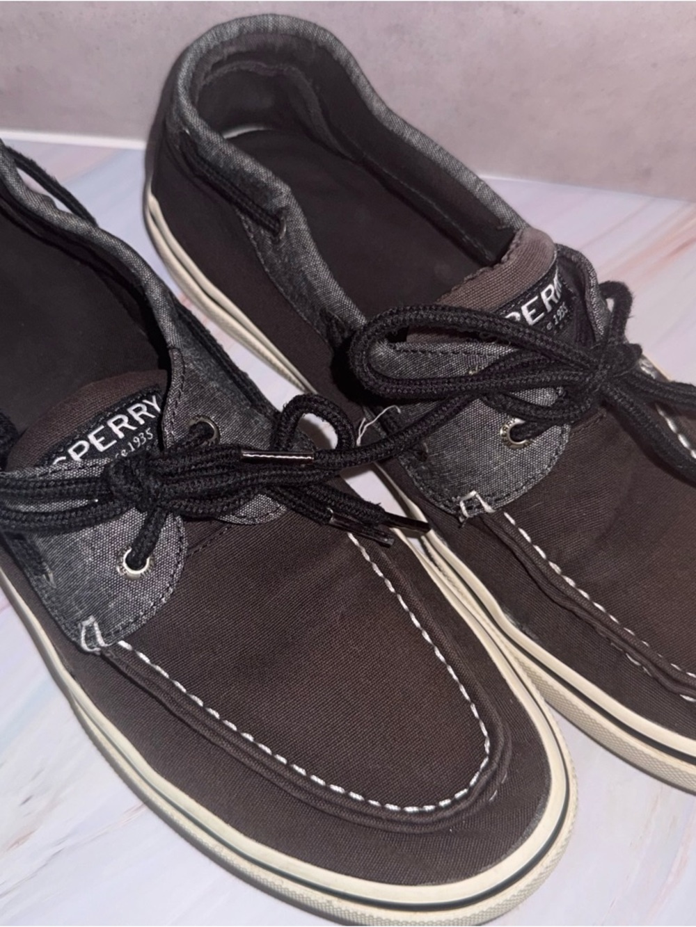 Sperry Men's Dark Brown Canvas Boat Shoes with Black Laces